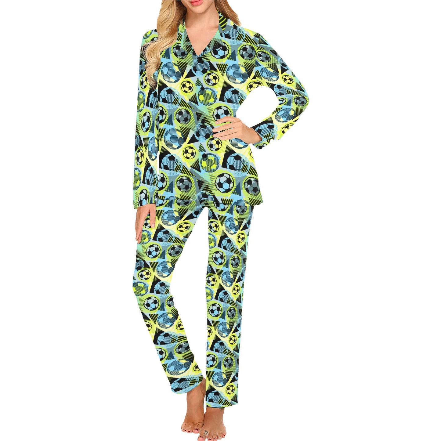 Soccer Ball Themed Print Design Women's Long Pajama Set