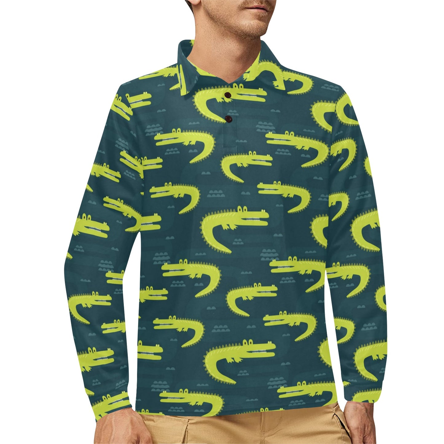 Alligator Pattern Print Design 03 Long Sleeve Polo Shirt For Men's
