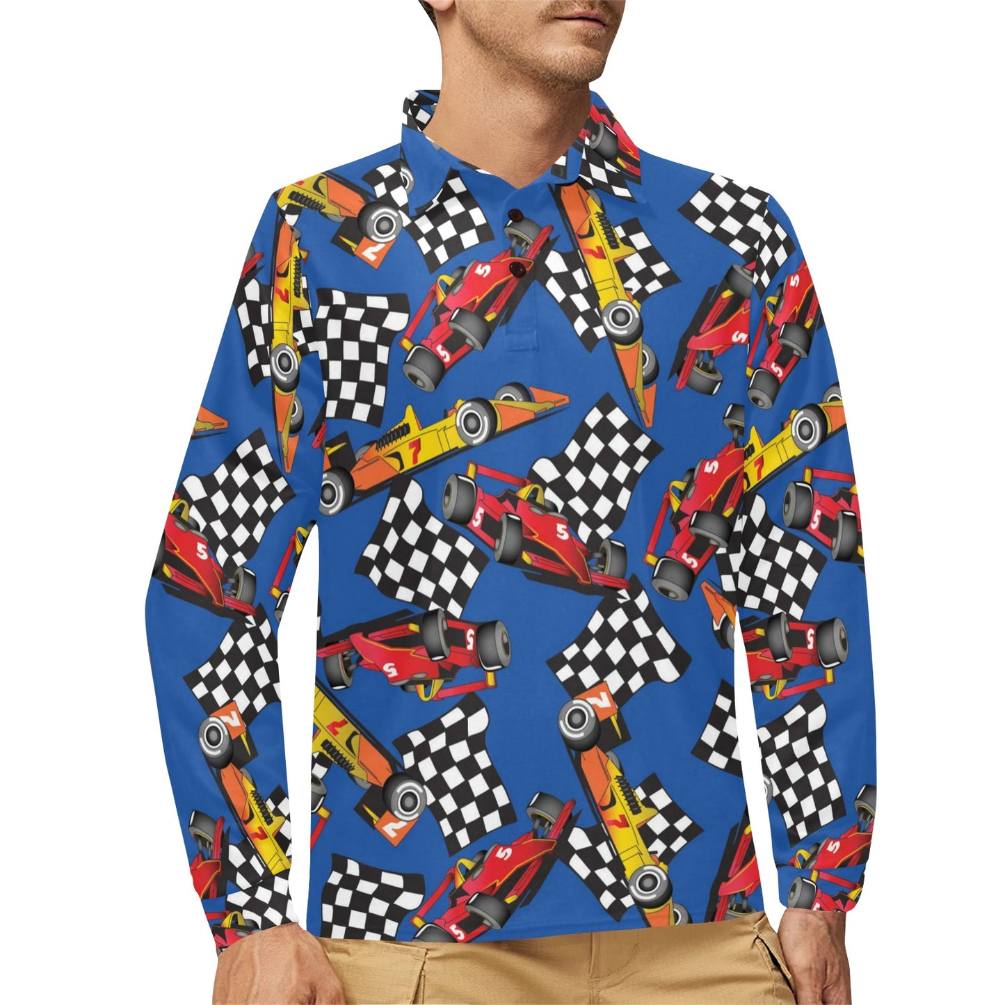 Racing Pattern Print Design A01 Long Sleeve Polo Shirt For Men's