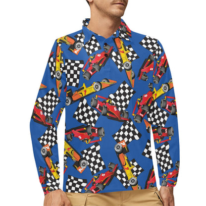 Racing Pattern Print Design A01 Long Sleeve Polo Shirt For Men's