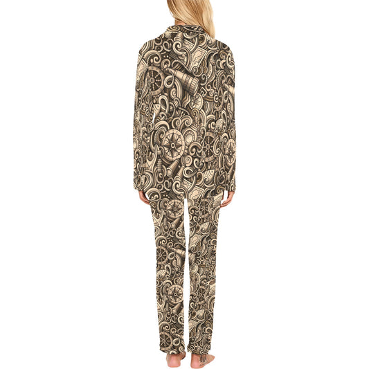 Nautical Tattoo Design Themed Print Women's Long Pajama Set