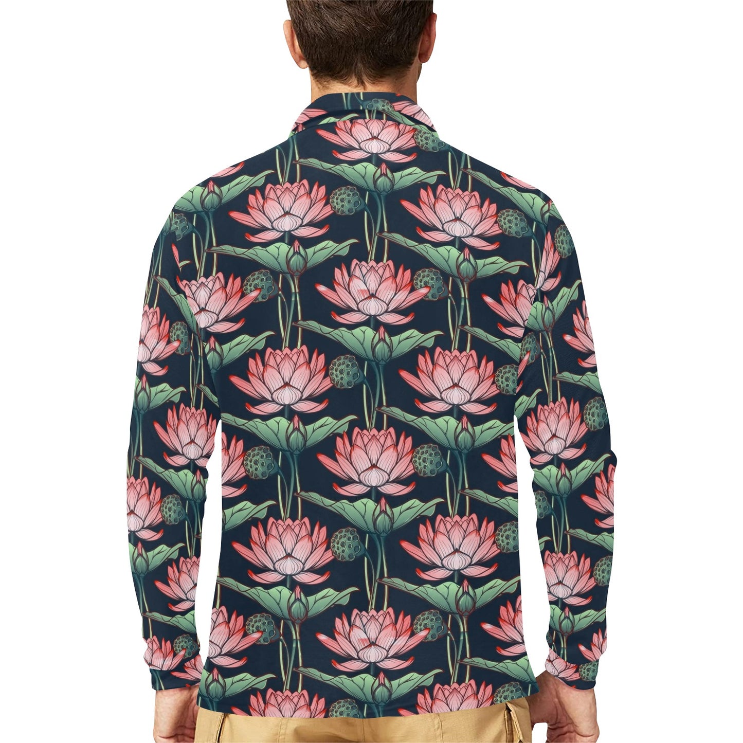 Water Lily Pattern Print Design WL03 Long Sleeve Polo Shirt For Men's