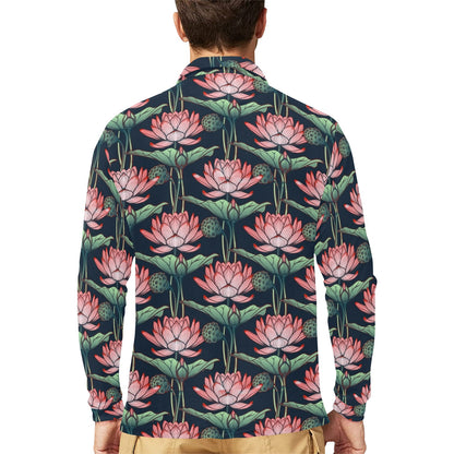 Water Lily Pattern Print Design WL03 Long Sleeve Polo Shirt For Men's