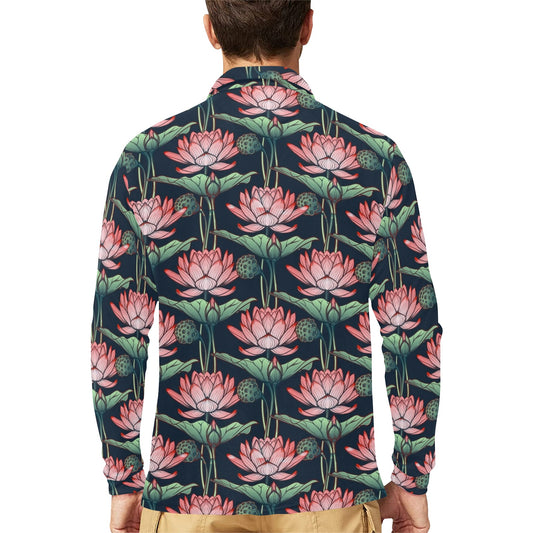 Water Lily Pattern Print Design WL03 Long Sleeve Polo Shirt For Men's