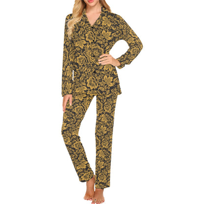 Brocade Gold Pattern Print Design 01 Women's Long Pajama Set