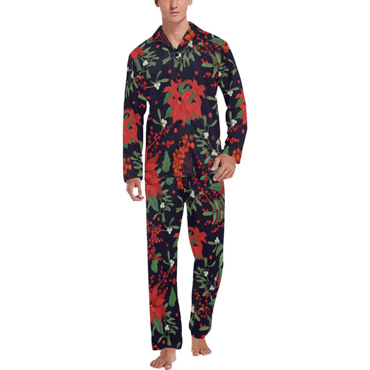 Poinsettia Pattern Print Design POT02 Men's Long Pajama Set