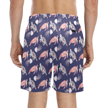 Sea Turtle With Jelly Fish Print Design LKS301 Men's Swim Trunks Beach Shorts
