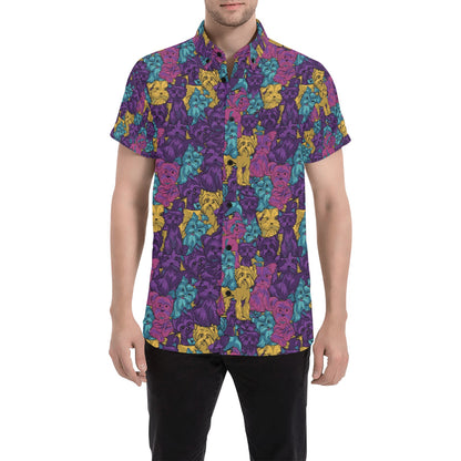Yorkshire Terriers Print Design LKS3010 Men Short Sleeve Button Up Shirt