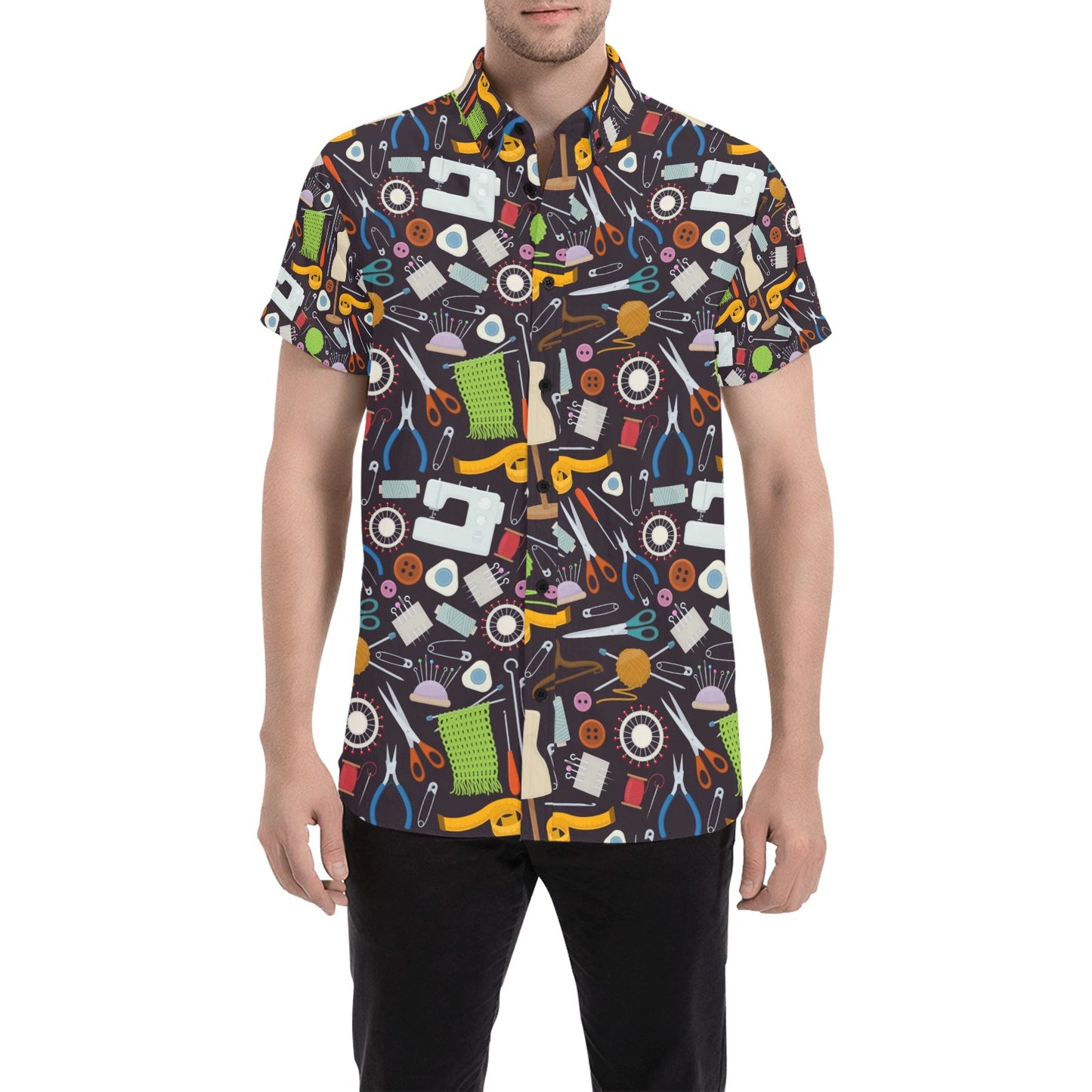 Sewing Equipment Print Design LKS308 Men Short Sleeve Button Up Shirt