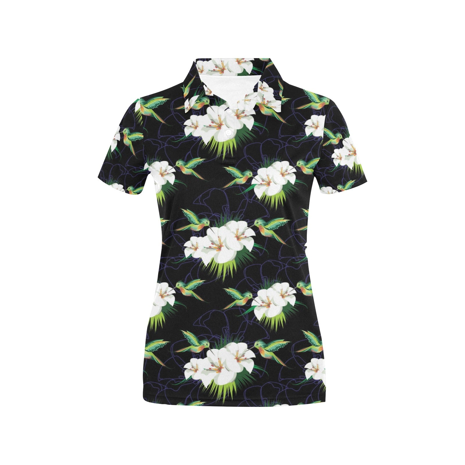 Hummingbird with Flower Pattern Print Design 03 Women's Polo Shirt