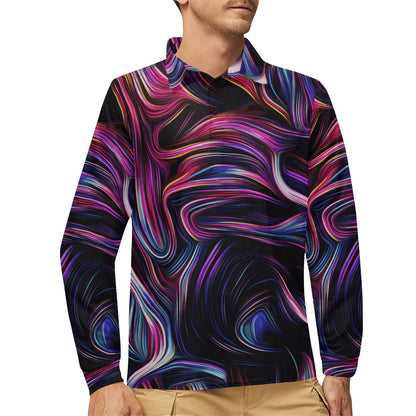 Liquid Pattern Print Design 01 Long Sleeve Polo Shirt For Men's