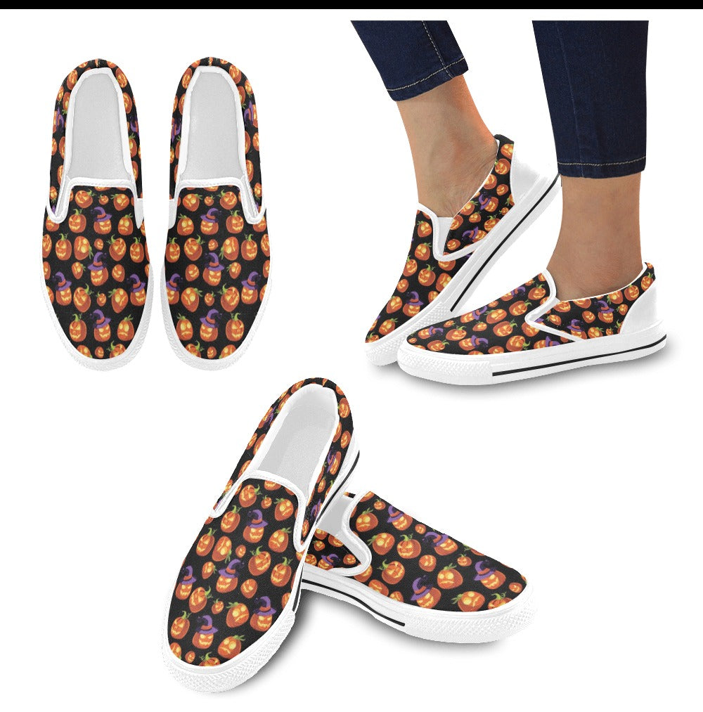 Witch Pumpkin Halloween Print LKS302 White Slip Ons Canvas Women's Shoes
