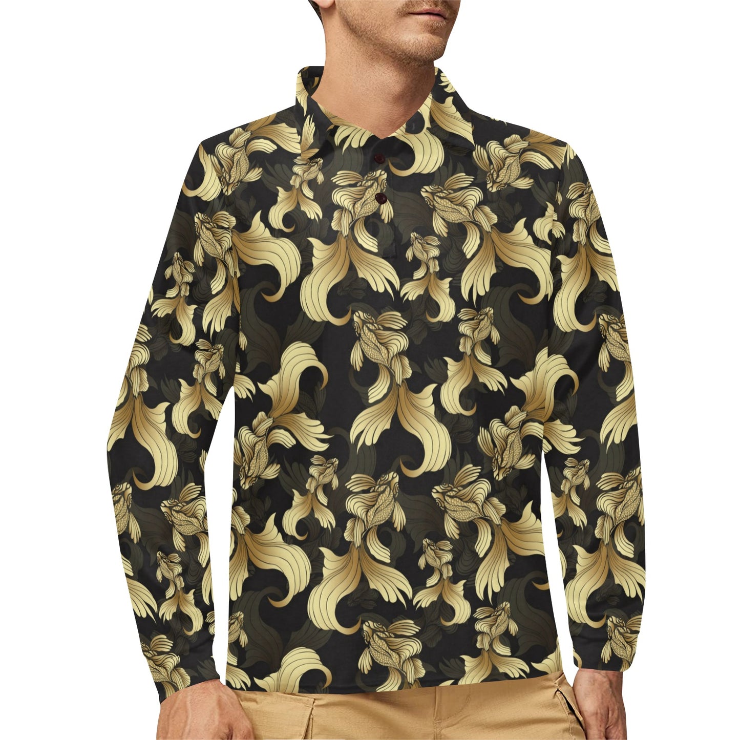 Goldfish Pattern Print Design 02 Long Sleeve Polo Shirt For Men's
