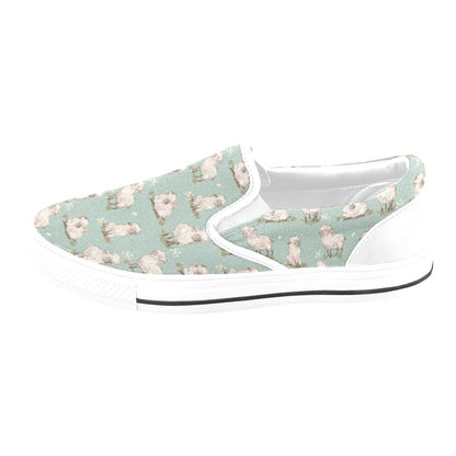Sheep Print Design LKS405 White Slip Ons Canvas Women's Shoes