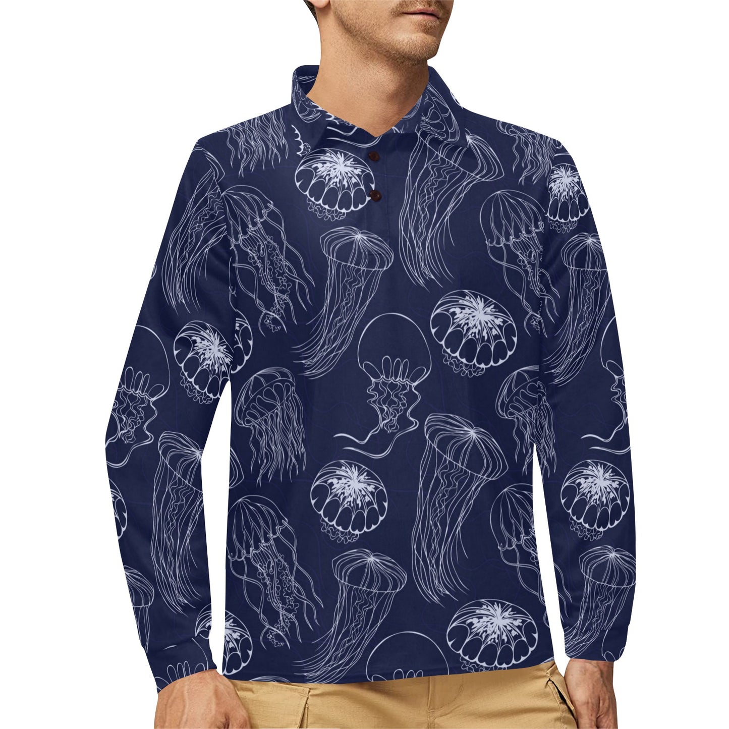 Jellyfish Pattern Print Design 05 Long Sleeve Polo Shirt For Men's