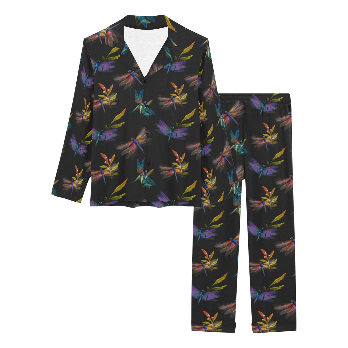 Dragonfly Colorful Realistic Print Women's Long Pajama Set