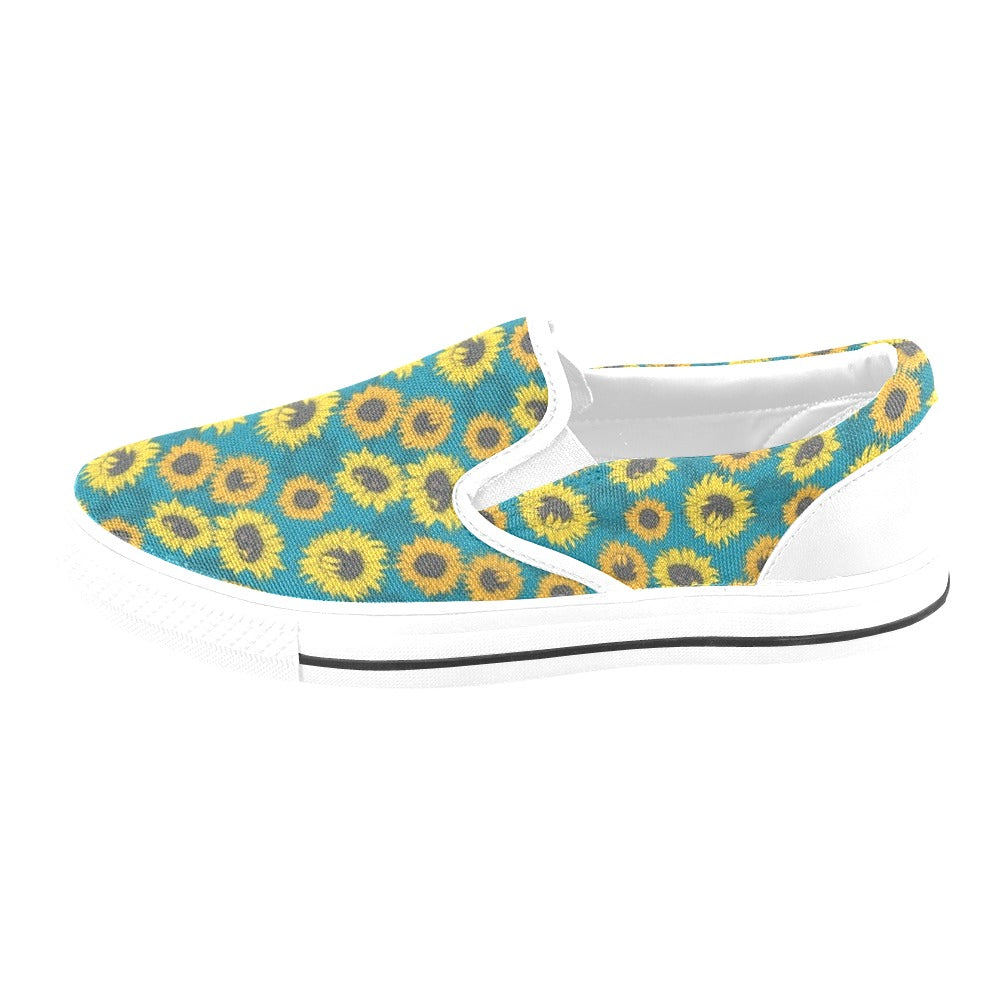 Sunflower Print Design LKS301 White Slip Ons Canvas Women's Shoes