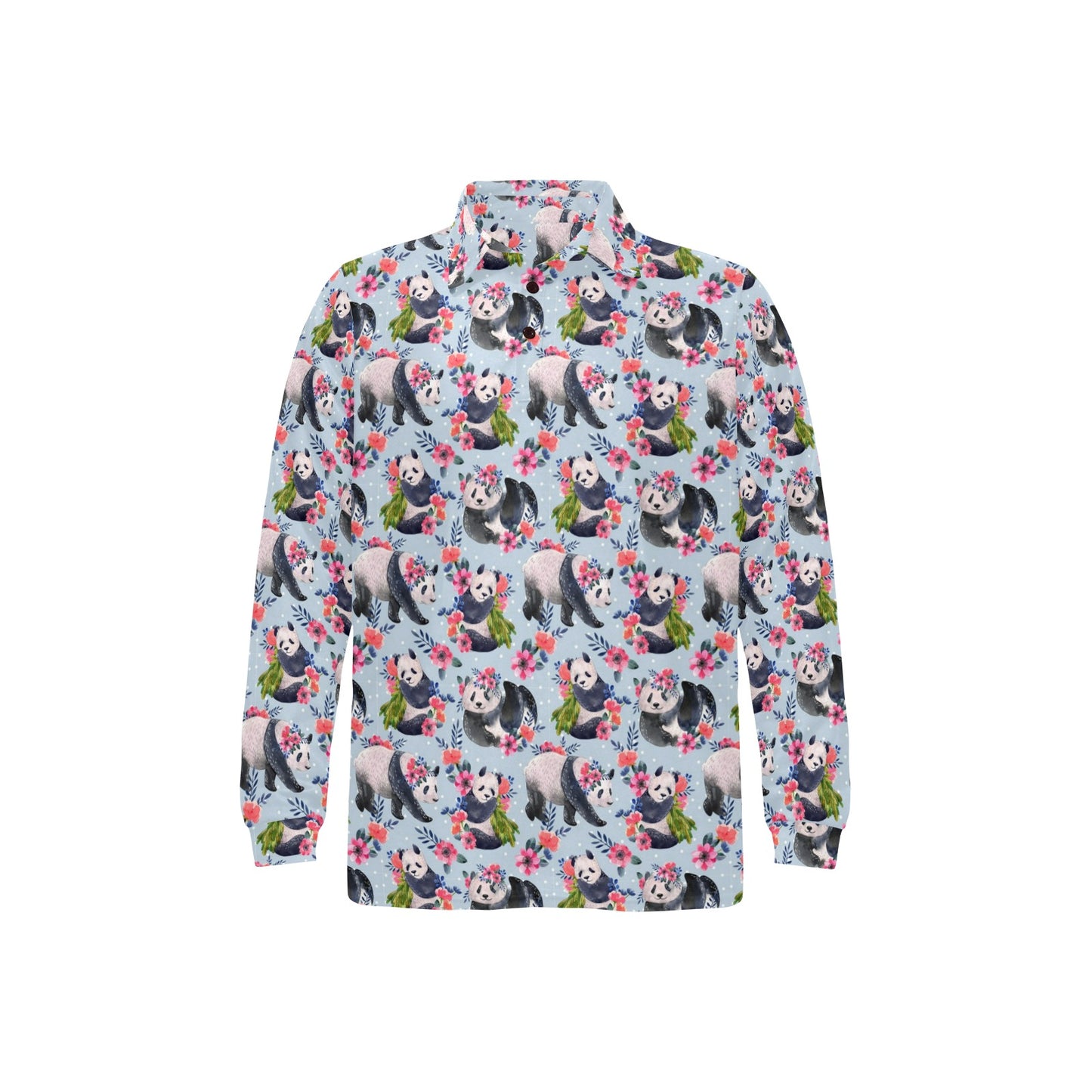 Panda Bear Flower Design Themed Print Long Sleeve Polo Shirt For Men's
