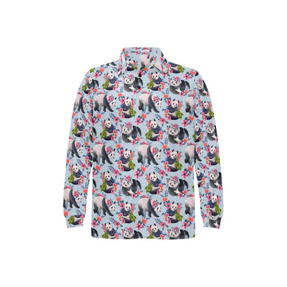 Panda Bear Flower Design Themed Print Long Sleeve Polo Shirt For Men's