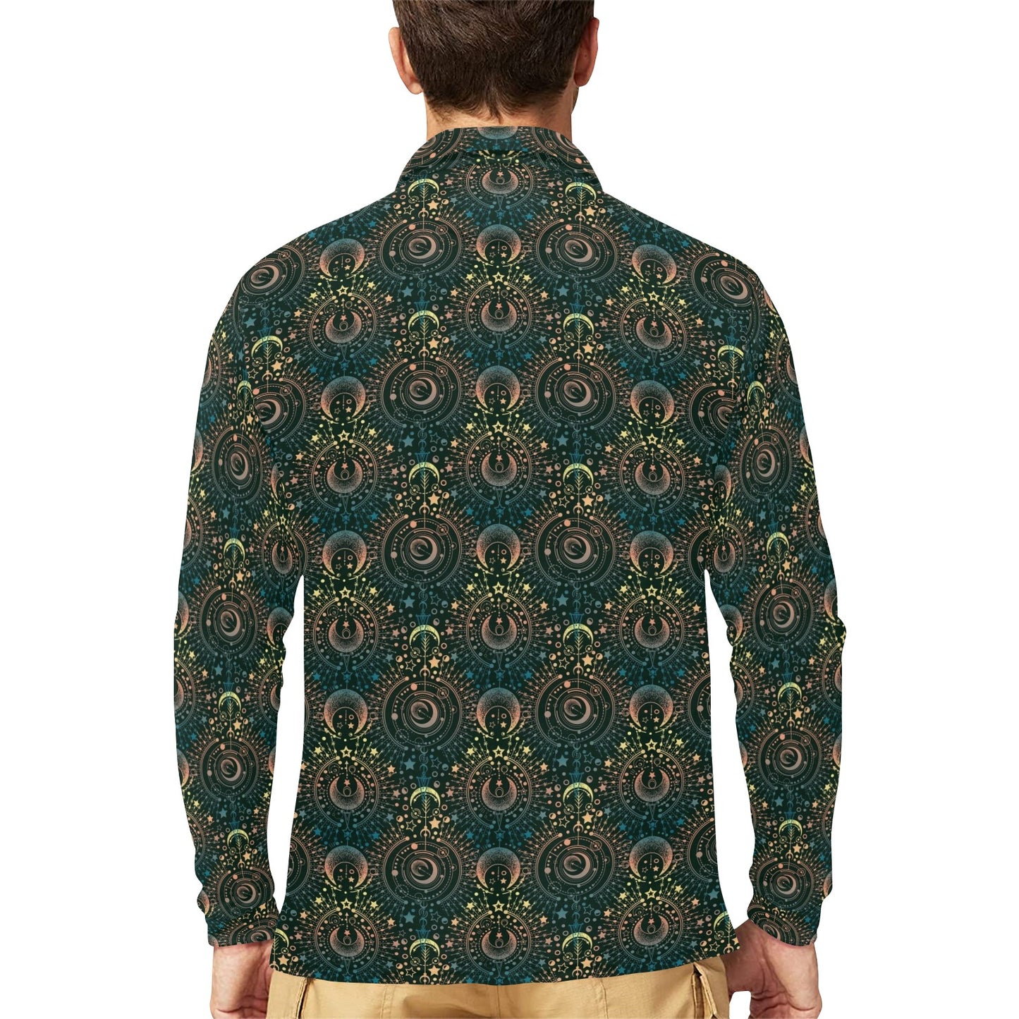 Sun Moon Print Design LKS307 Long Sleeve Polo Shirt For Men's