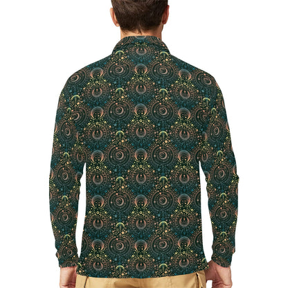 Sun Moon Print Design LKS307 Long Sleeve Polo Shirt For Men's