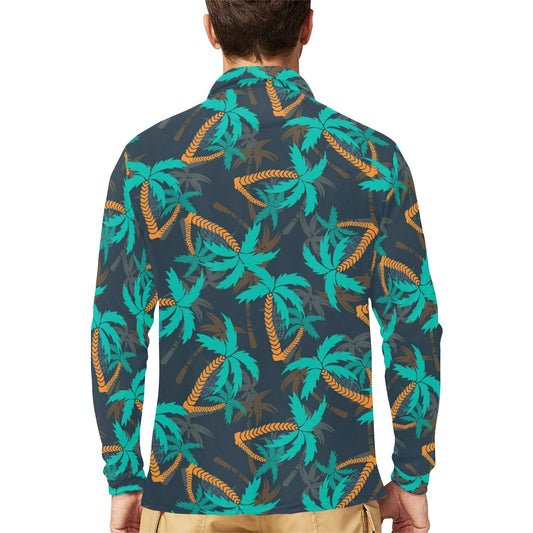 Palm Tree Pattern Print Design PT01 Long Sleeve Polo Shirt For Men's
