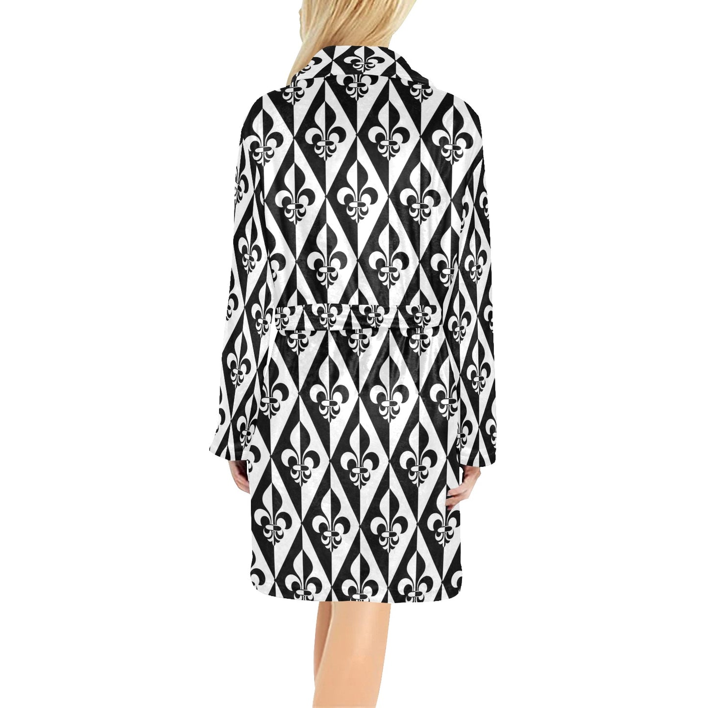 Fleur De Lis Black White Pattern Print Design 02 Women's Fleece Robe