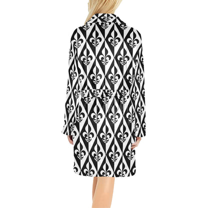 Fleur De Lis Black White Pattern Print Design 02 Women's Fleece Robe