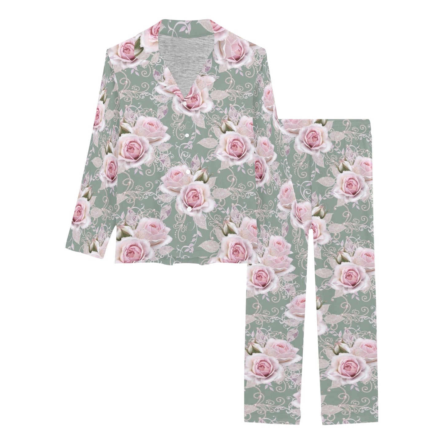 Rose White Pattern Print Design RO012 Women's Long Pajama Set