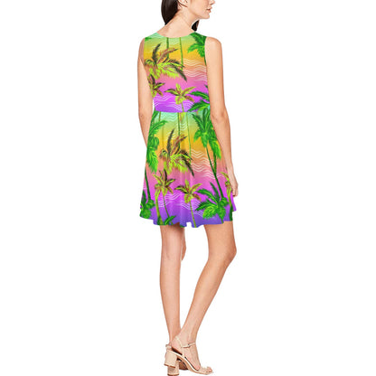 Palm Tree Rainbow Pattern Sleeveless Dress