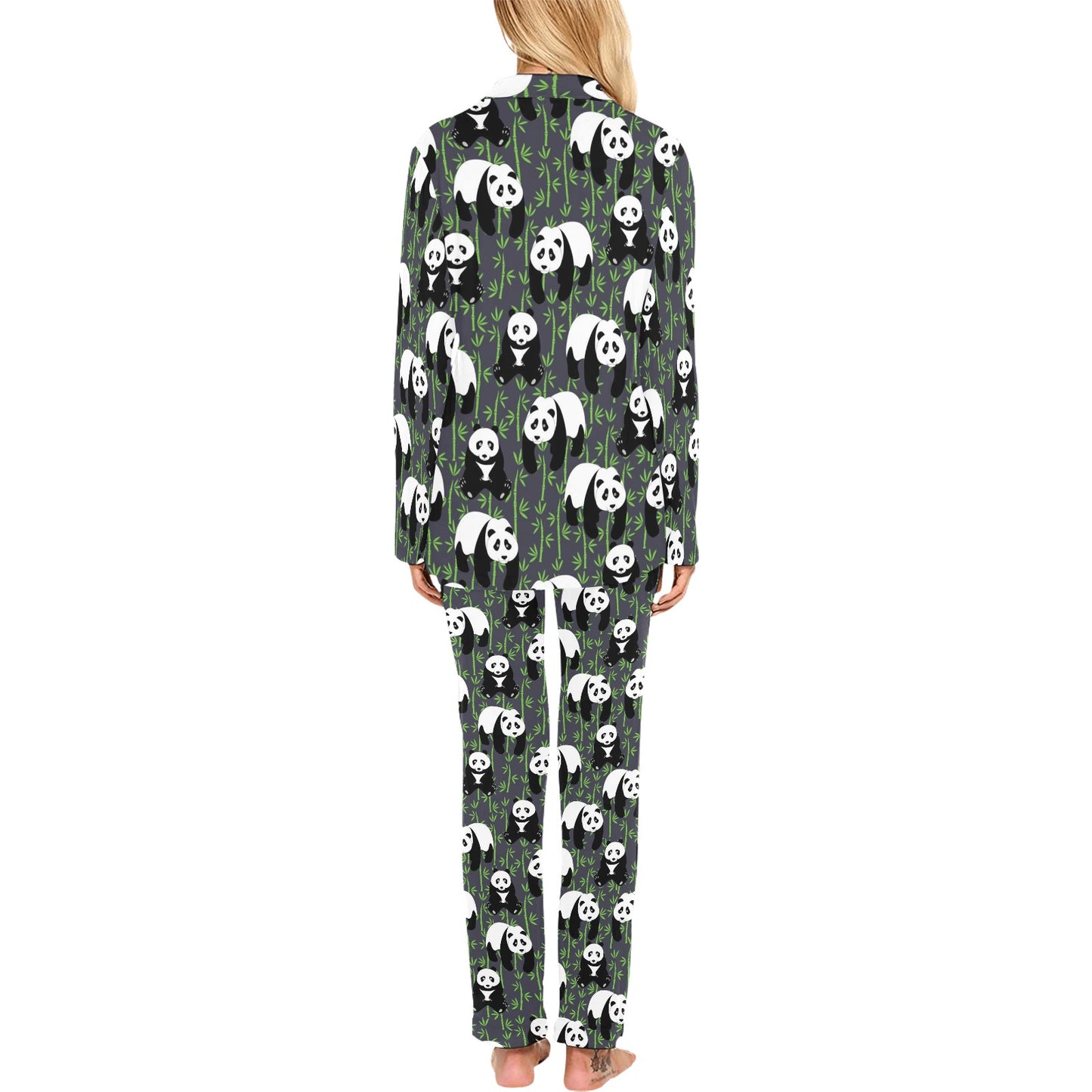 Panda Bear Bamboo Themed Print Women's Long Pajama Set
