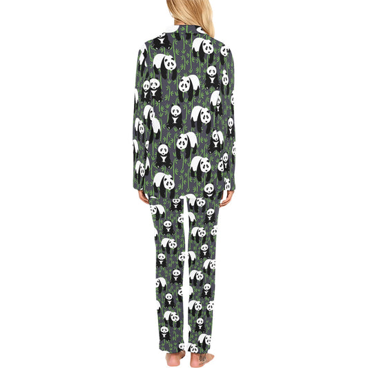 Panda Bear Bamboo Themed Print Women's Long Pajama Set