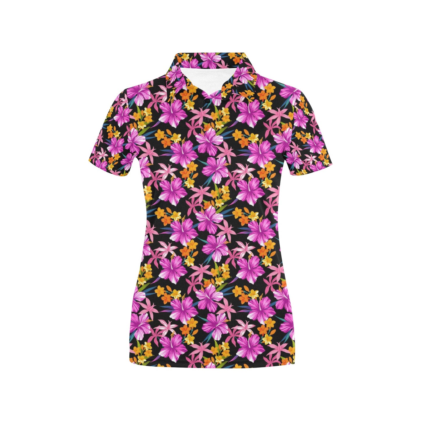 Tropical Folower Pink Hibiscus Print Women's Polo Shirt