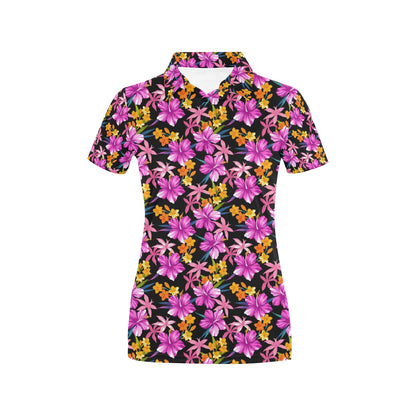 Tropical Folower Pink Hibiscus Print Women's Polo Shirt