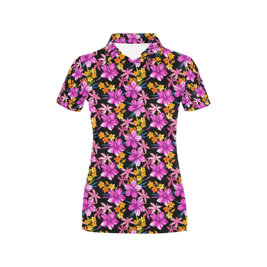 Tropical Folower Pink Hibiscus Print Women's Polo Shirt