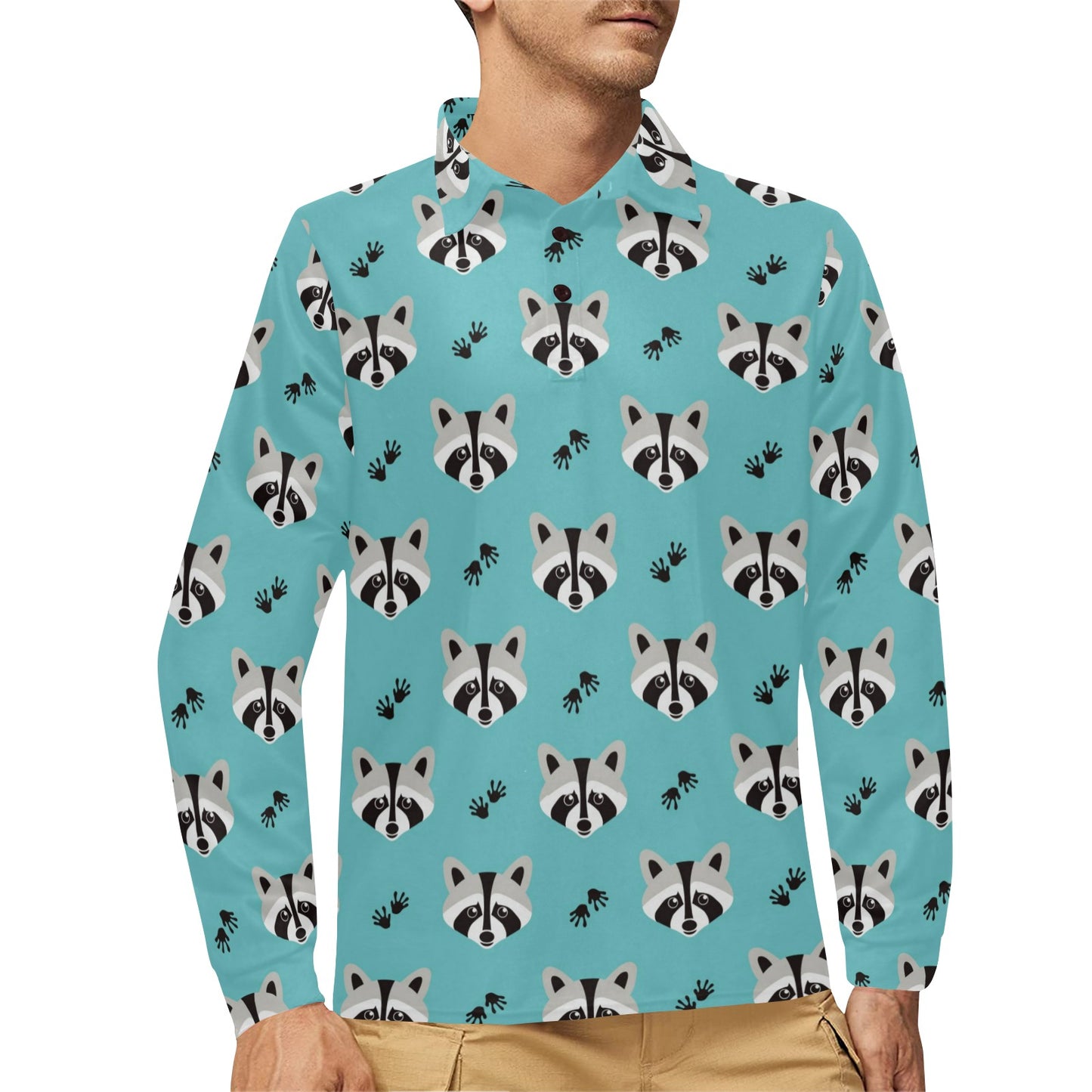 Raccoon Pattern Print Design A01 Long Sleeve Polo Shirt For Men's