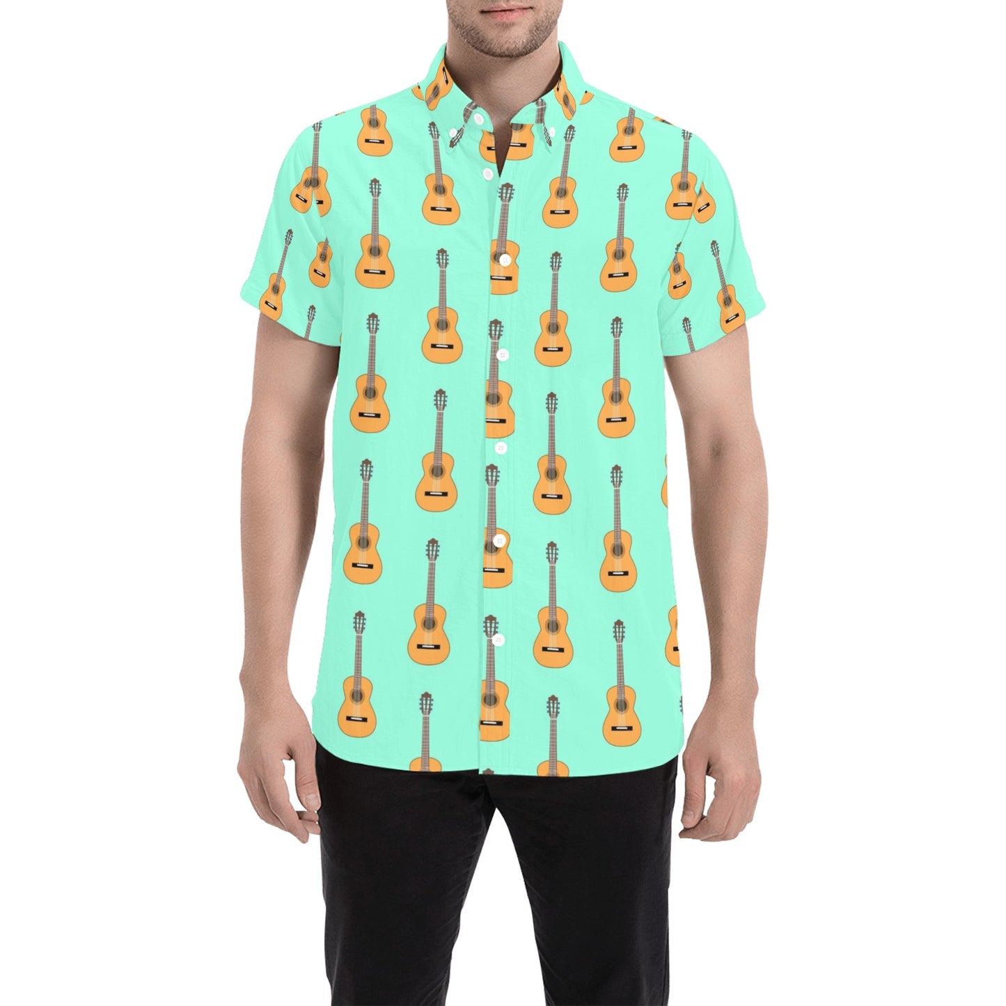 Acoustic Guitar Print Design LKS403 Men Short Sleeve Button Up Shirt