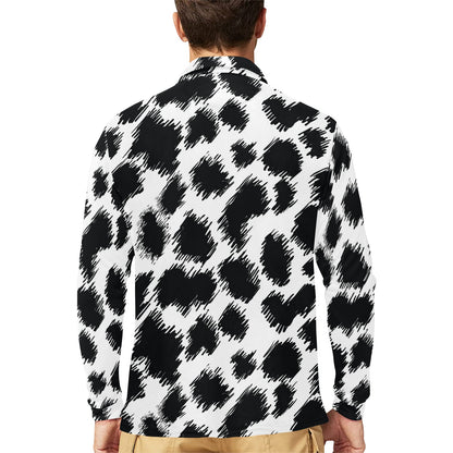 Cheetah Black Print Pattern Long Sleeve Polo Shirt For Men's