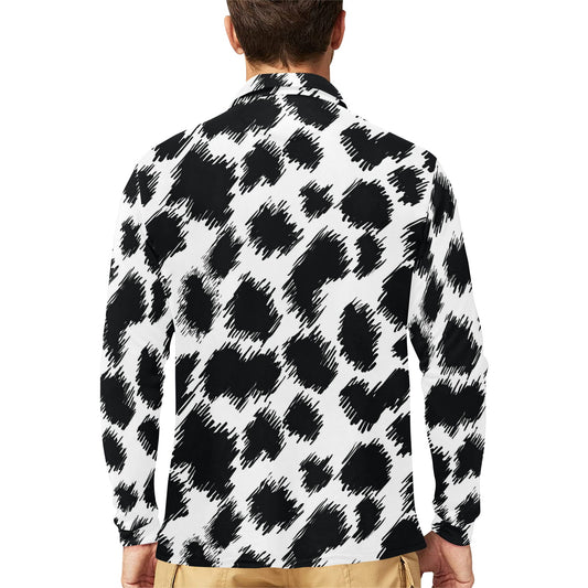 Cheetah Black Print Pattern Long Sleeve Polo Shirt For Men's