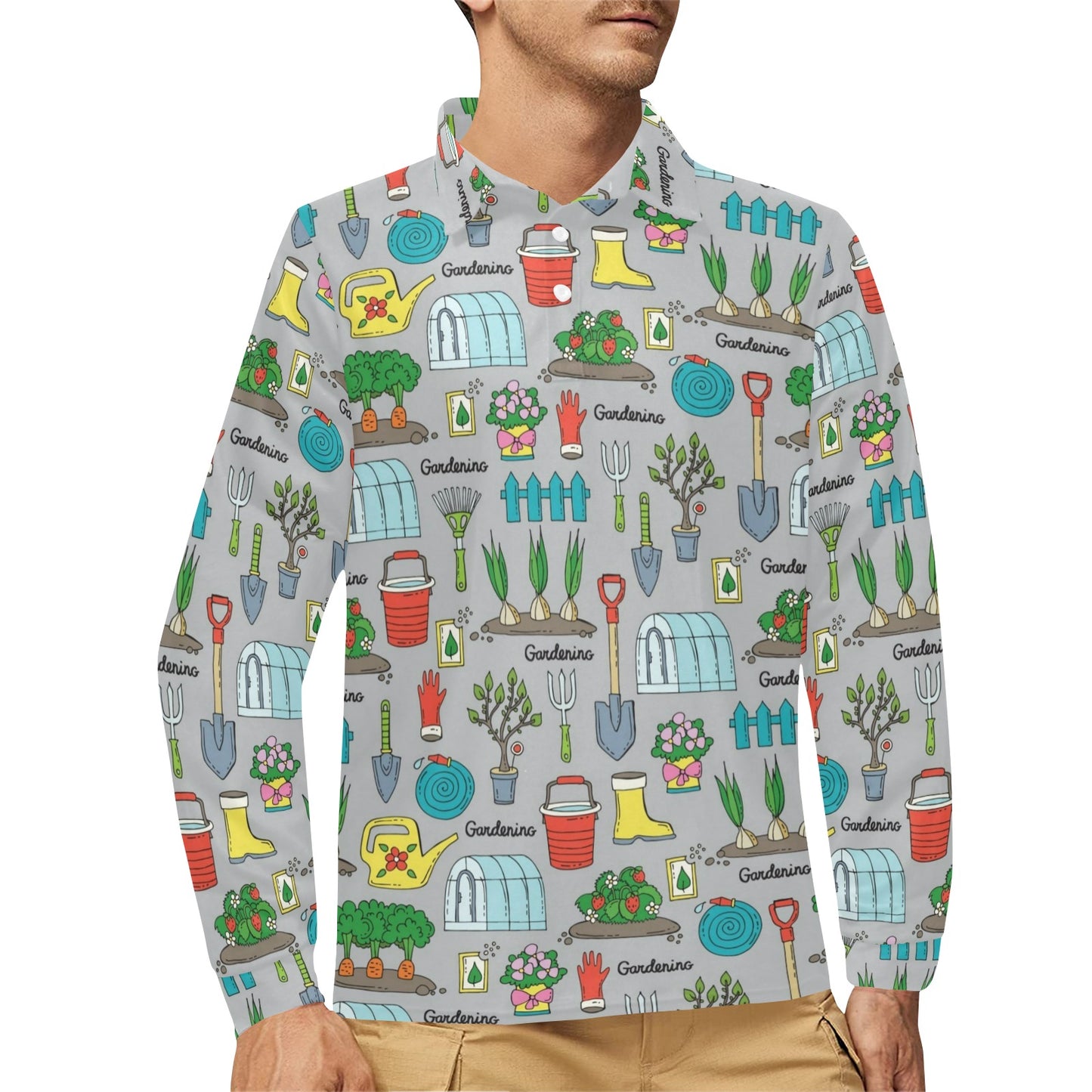 Gardening Pattern Print Design G07 Long Sleeve Polo Shirt For Men's