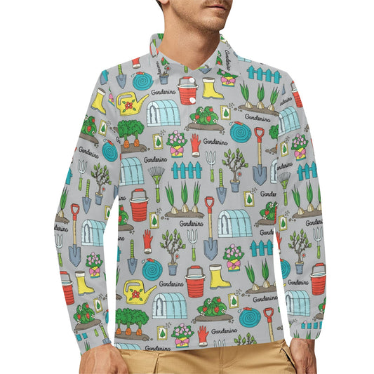 Gardening Pattern Print Design G07 Long Sleeve Polo Shirt For Men's