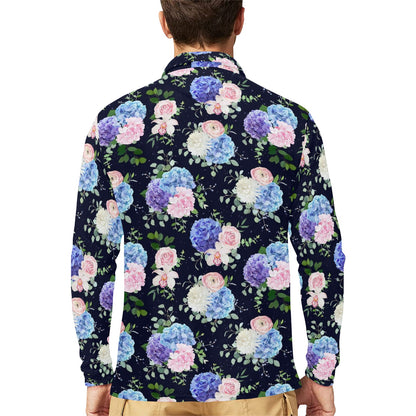 Hydrangea Pattern Print Design HD01 Long Sleeve Polo Shirt For Men's