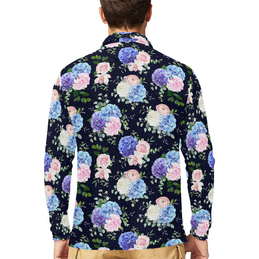 Hydrangea Pattern Print Design HD01 Long Sleeve Polo Shirt For Men's
