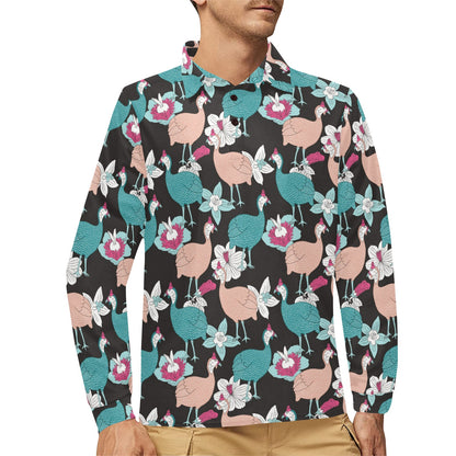 Guinea Fowl Pattern Print Design 03 Long Sleeve Polo Shirt For Men's