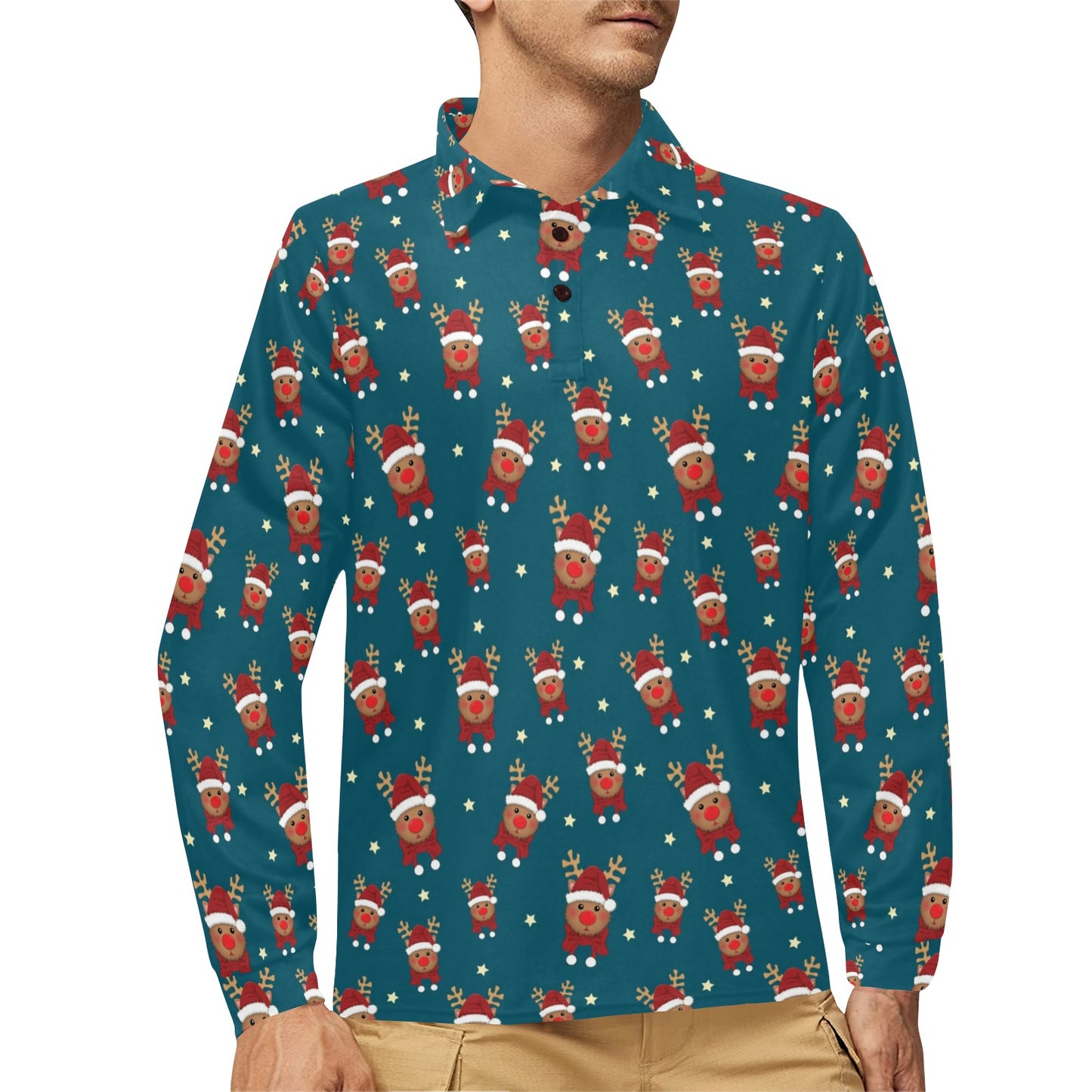 Reindeer Print Design LKS406 Long Sleeve Polo Shirt For Men's