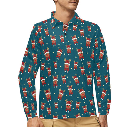 Reindeer Print Design LKS406 Long Sleeve Polo Shirt For Men's