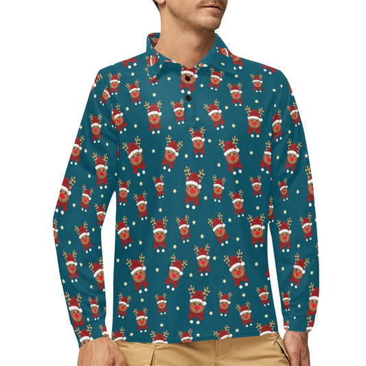 Reindeer Print Design LKS406 Long Sleeve Polo Shirt For Men's
