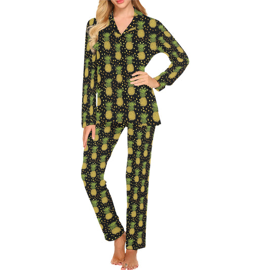 Pineapple Gold Dot Themed Print Women's Long Pajama Set