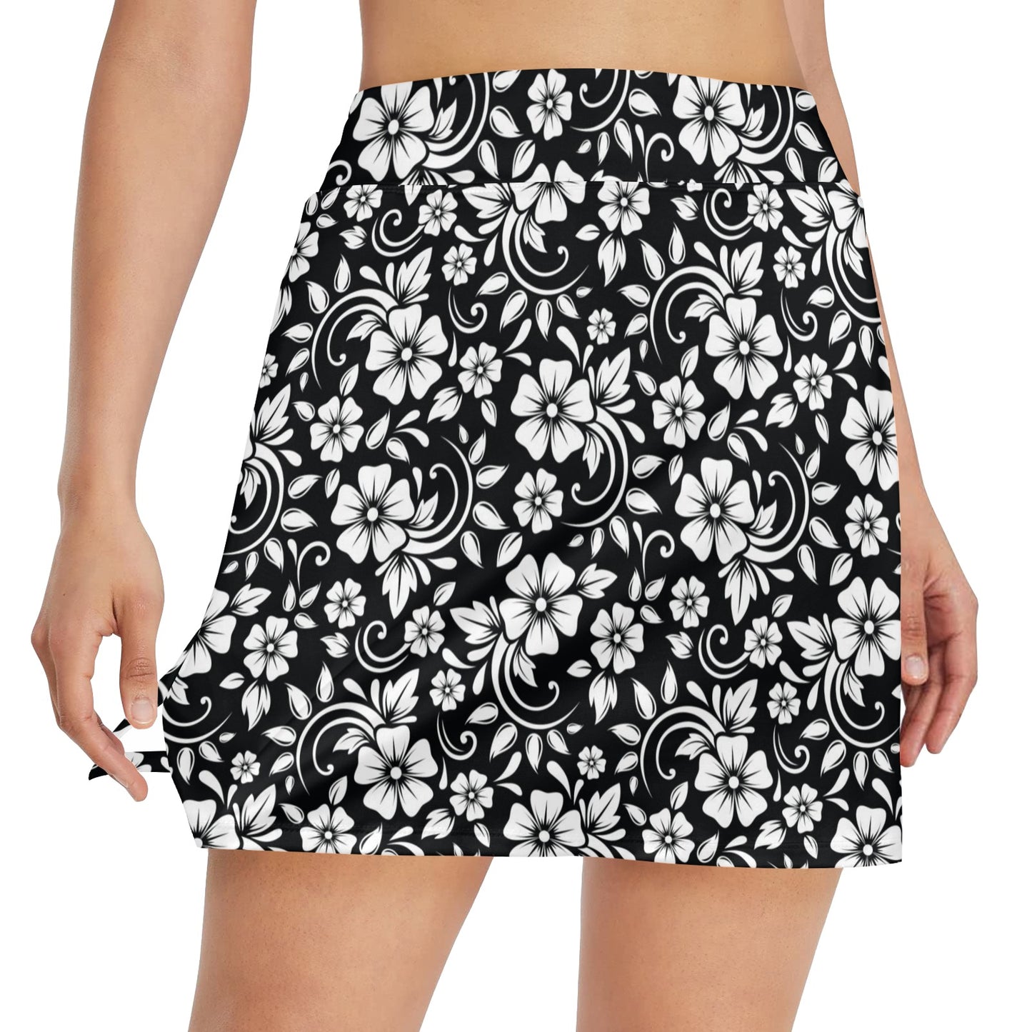 Floral Black White Themed Print 17" Golf & Pickleball Skort with Pockets