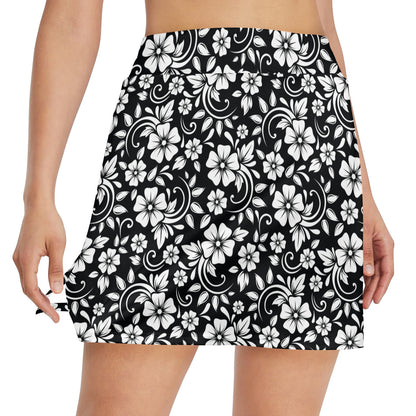 Floral Black White Themed Print 17" Golf & Pickleball Skort with Pockets